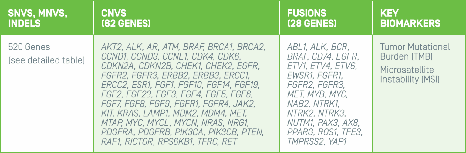 An image showing a table of additional details and specific names of Summit™ 2.0 Comprehensive Genetic Profile's 520 Genes for SNVs, MNVs, and Indels, 62 Genes for CNVs, Key Biomarkers TMB and MSI, and 28 Genes for Fusions.