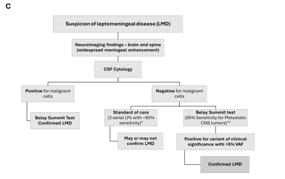 Flowchart of the UT Southwestern testing algorithm for diagnosing leptomeningeal disease, showing how Summit integrates with CSF cytology, neuroimaging, and serial lumbar punctures.